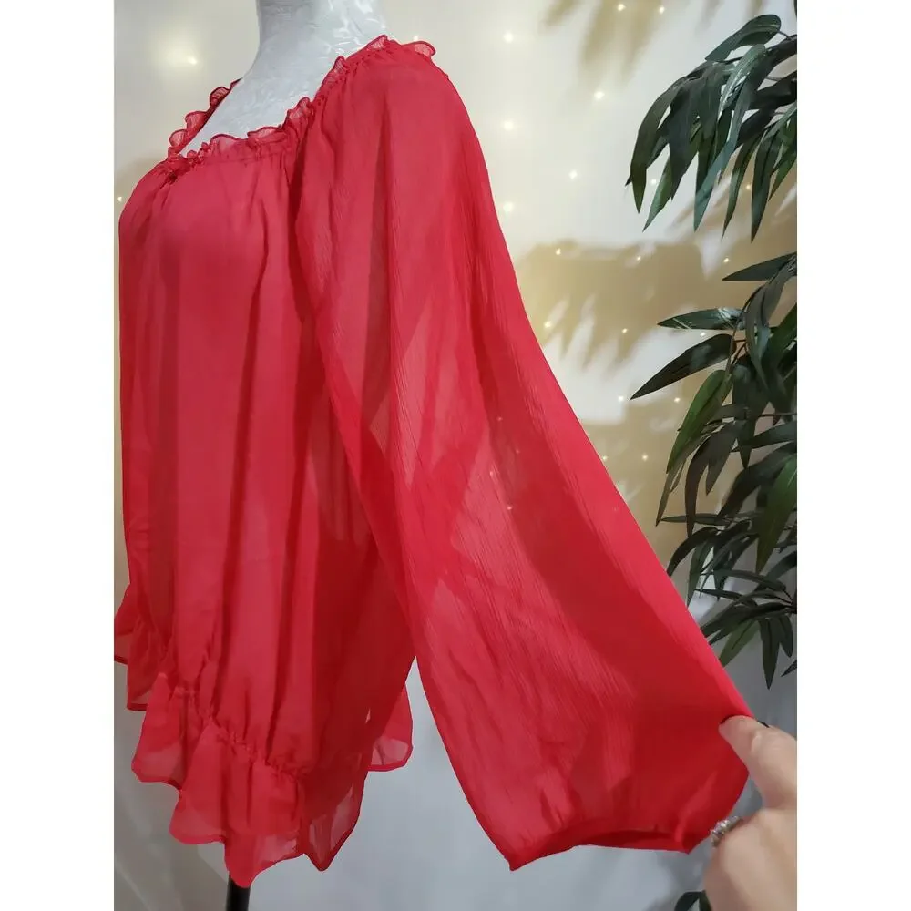 Old Navy Sheer Ruffle Chiffon Puff Sleeve Peasant Blouse Womens Size XXL Pink